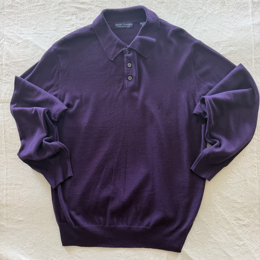 Grant Thomas Extra Fine Merino Wool Sweater Polo Mens M Purple Long Sleeve Italy